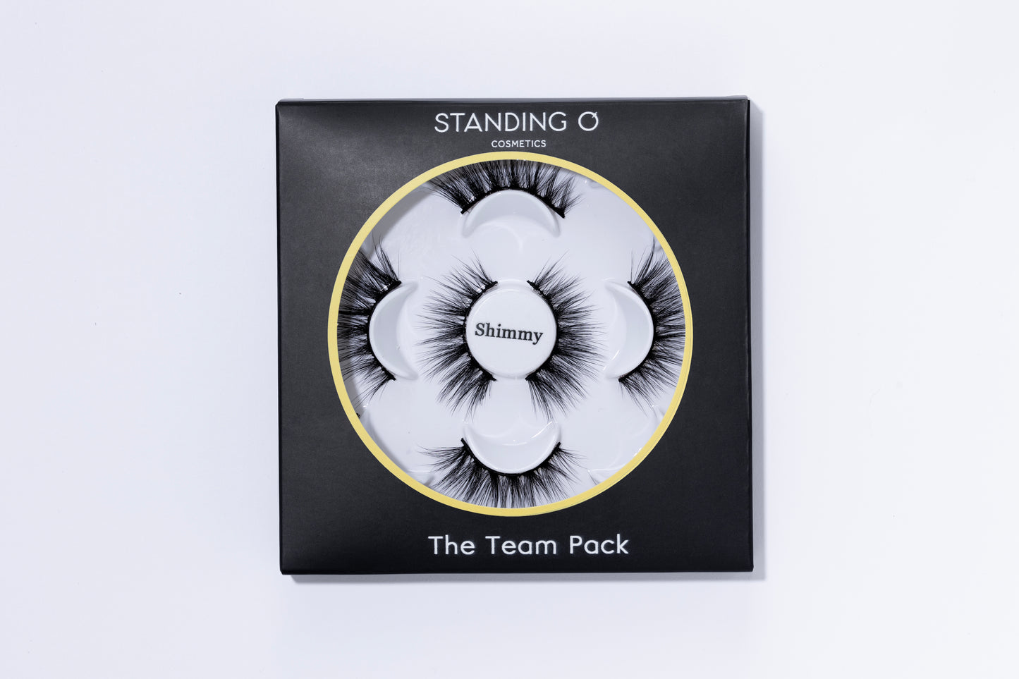 Multi-pack of lashes, contains 5 pairs in the style Shimmy. Standing O Logo is imprinted on the black box with gold detail.