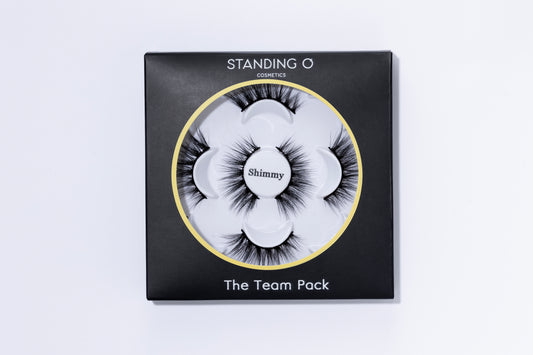 Multi-pack of lashes, contains 5 pairs in the style Shimmy. Standing O Logo is imprinted on the black box with gold detail.