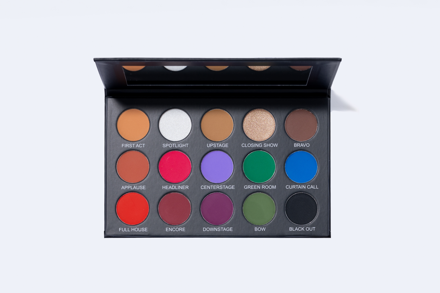 15 Pan Eye shadow palette. Colors shown: red, pink, burgundy, eggplant, lavender, kelly green, army army, blue, black and a variety of neutral browns.