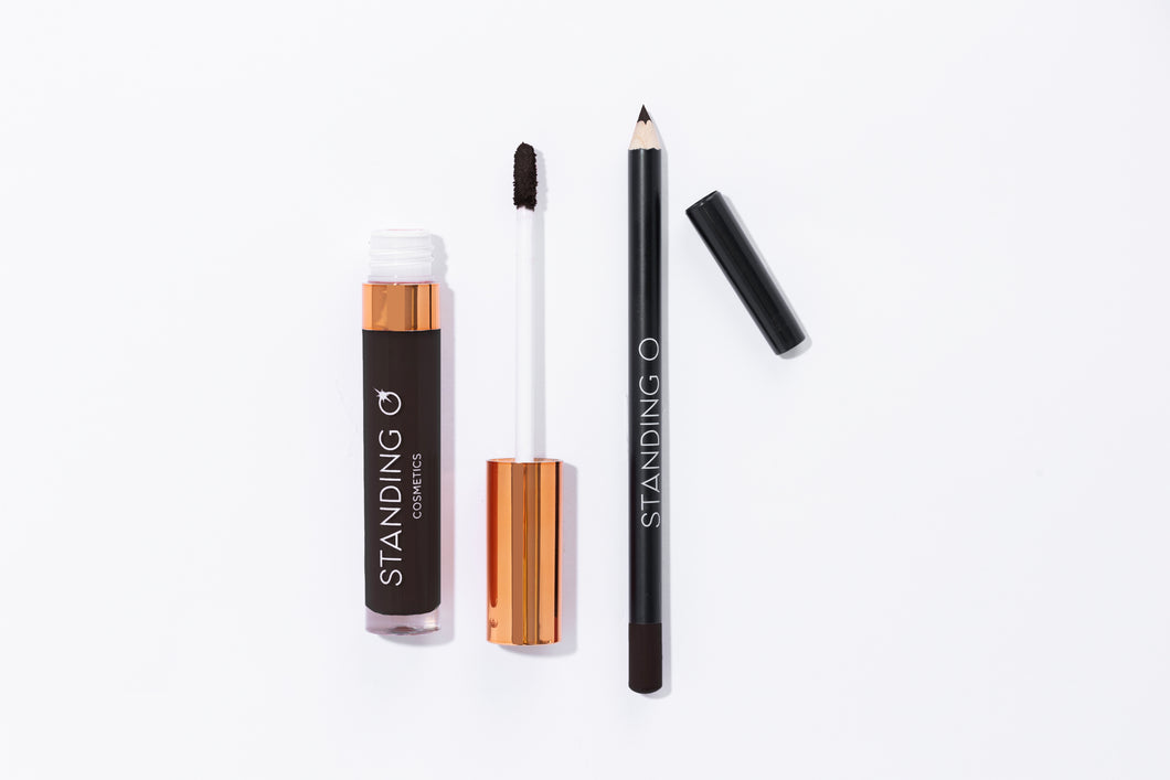 Duo flat lay, including: the matte liquid lipstick and liner, shown without the tops to showcase color: black shade.