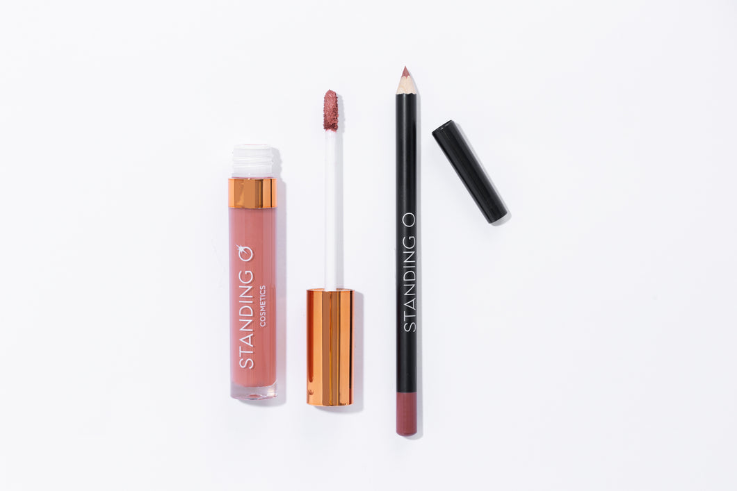 Duo flat lay, including: the matte liquid lipstick and liner, shown without the tops to showcase color: rosey light nude shade.