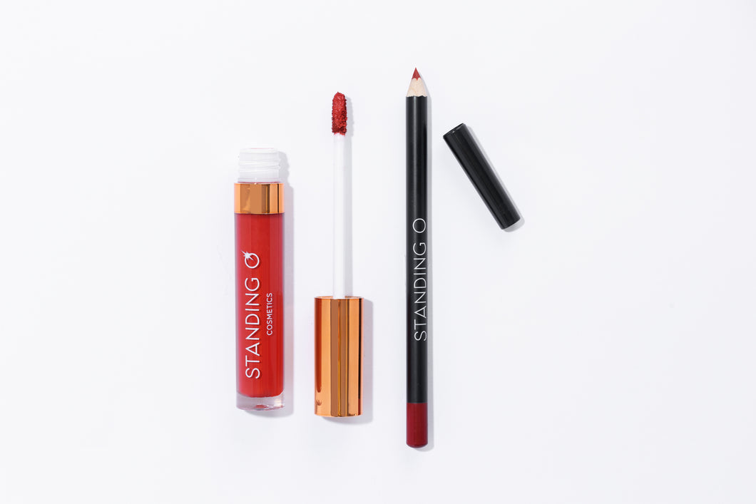 Duo flat lay, including: the matte liquid lipstick and liner, shown without the tops to showcase color.
