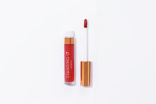 Load image into Gallery viewer, Tube of lipstick with a gold top shown open to showcase the applicator and color: classic red lipstick.
