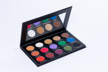 Load image into Gallery viewer, 15 Pan Eye shadow palette. Colors shown: red, pink, burgundy, eggplant, lavender, kelly green, army army, blue, black and a variety of neutral browns.
