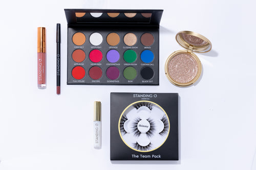 The Elite Stage Ready Kit includes:  The Performance Palette, Matte Liquid Lipstick & Lip Liner, The Team Pack of 5 Lashes, Refillable Lash Compact, and Lucky Lash Adhesive