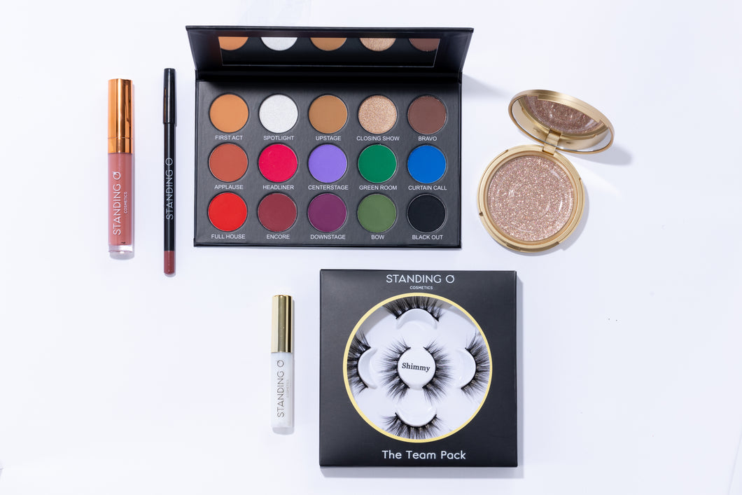 The Elite Stage Ready Kit includes:  The Performance Palette, Matte Liquid Lipstick & Lip Liner, The Team Pack of 5 Lashes, Refillable Lash Compact, and Lucky Lash Adhesive