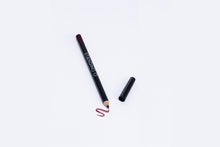 Load image into Gallery viewer, Lip liner pencil with swatch to showcase color of liner, dark purple liner..
