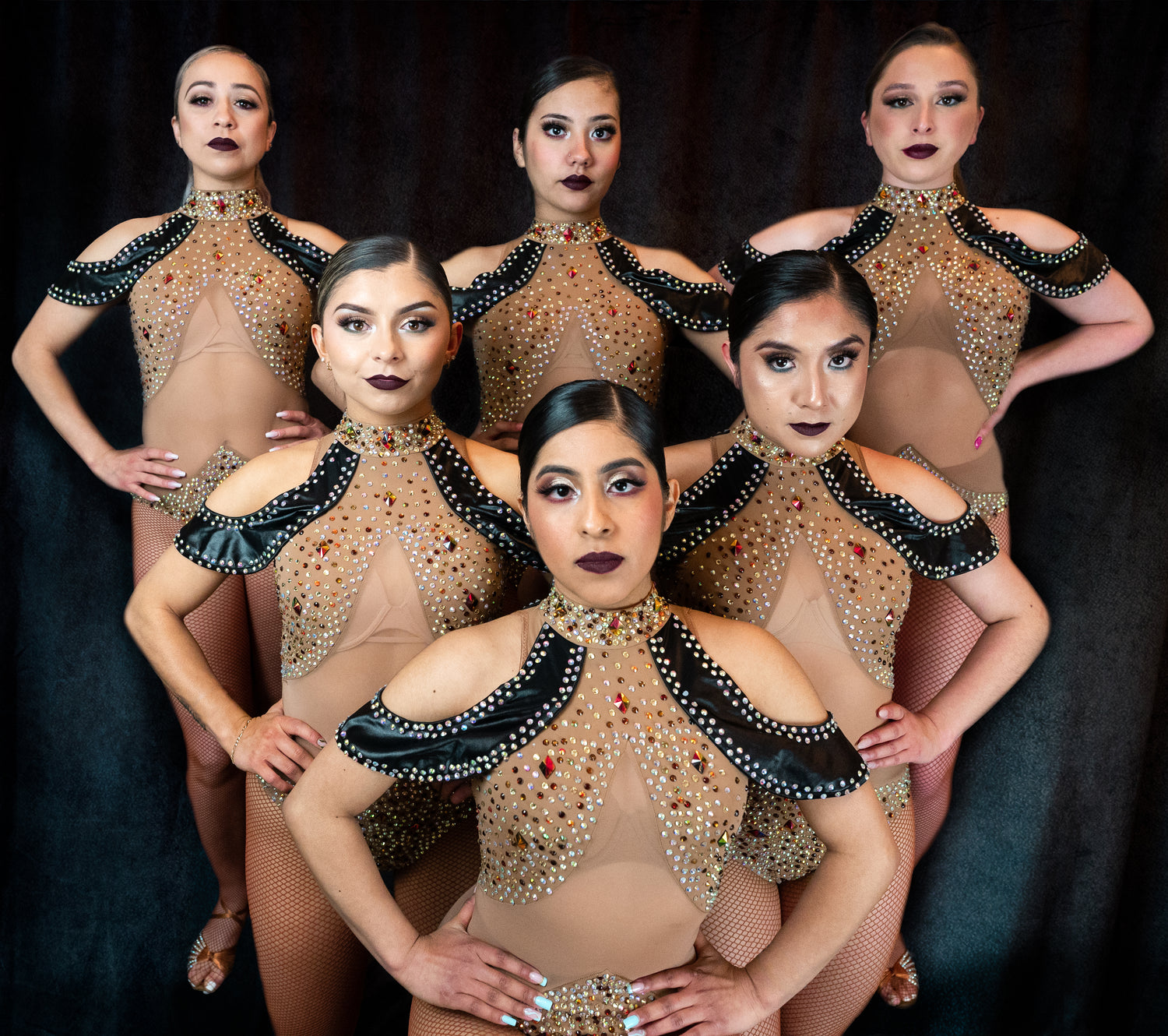 A dance team in performance outfit, wearing Standing O's make up. Advertising the Team Stage Ready Program.